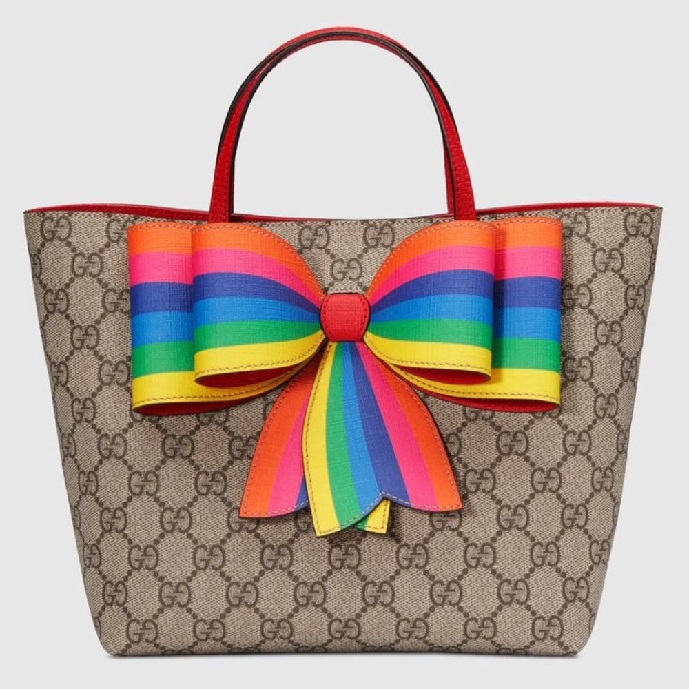 Authentic Gucci Children’s GG Supreme Canvas Tote Bag W/ Rainbow Bow